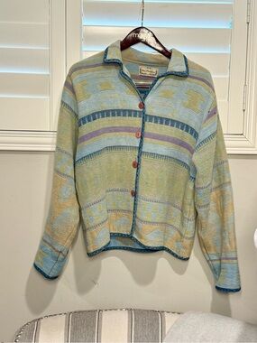 new directions Vintage Pastel Patterned Button Cardigan with Blue Trim